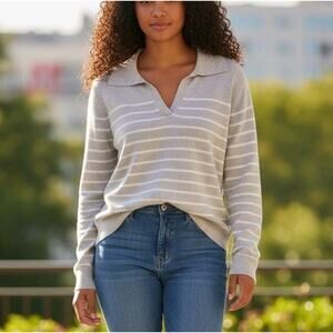 CROFT & BARROW Gray & White Striped V Neck Collared Sweater Size PXXL